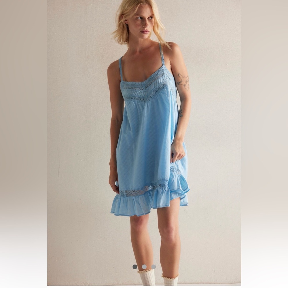 Free People Sabrina Mini Slip Light Blue Ruffle Chemise